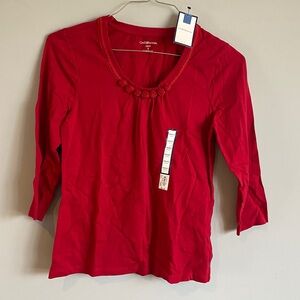 croft & barrow Red Scoop Neck Long Sleeve Top with Decorative Trim